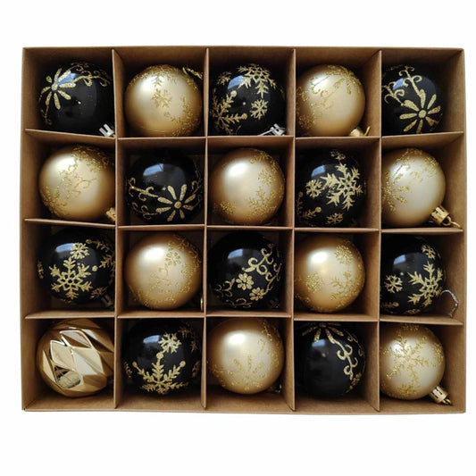 Globuri de Craciun, negru + auriu, 6 cm, plastic, set 24 bucati