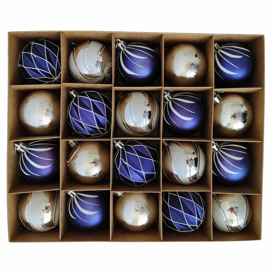 Globuri de Craciun, albastru + argintiu, 6 cm, plastic, set 24 bucati