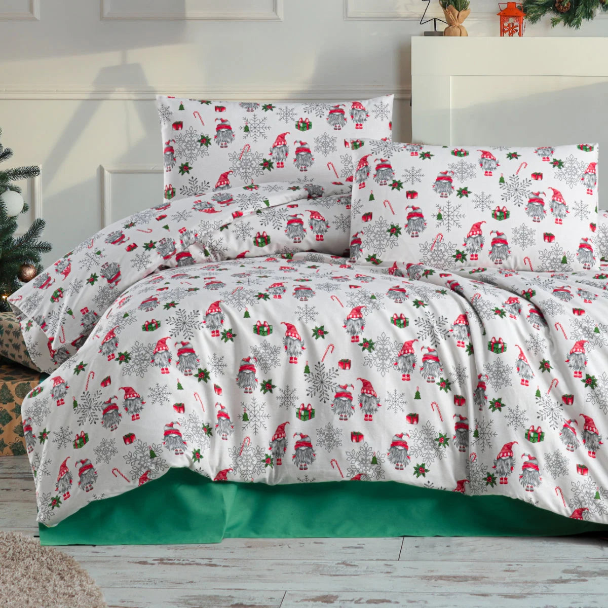 Lenjerie de pat Craciun, bumbac ranforce, Caressa White Xmas, 2 persoane, alb, set 4 piese