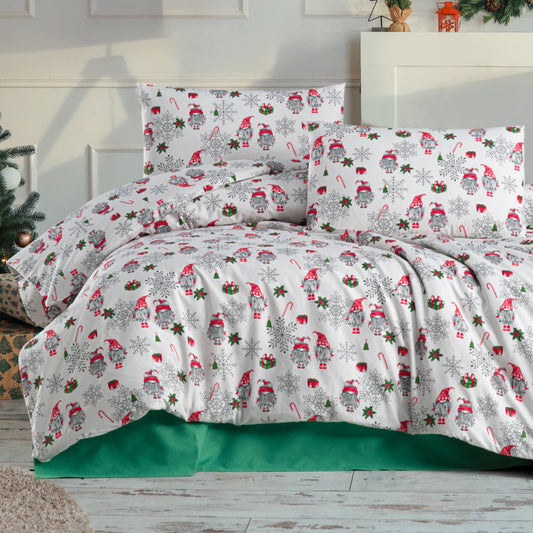 Lenjerie de pat Craciun, bumbac ranforce, Caressa White Xmas, 2 persoane, alb, set 4 piese