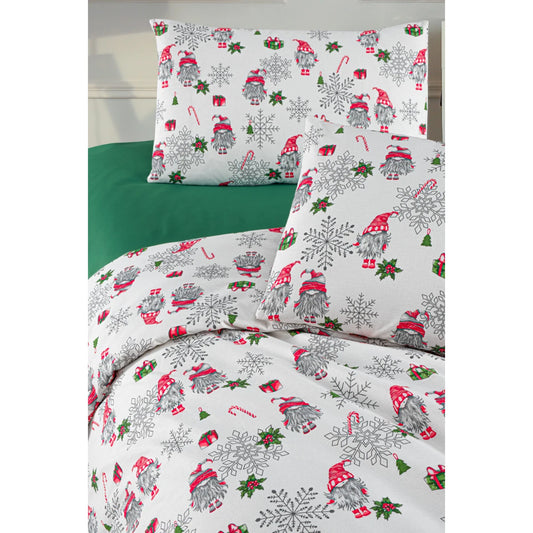 Lenjerie de pat Craciun, bumbac ranforce, Caressa White Xmas, 2 persoane, alb, set 4 piese