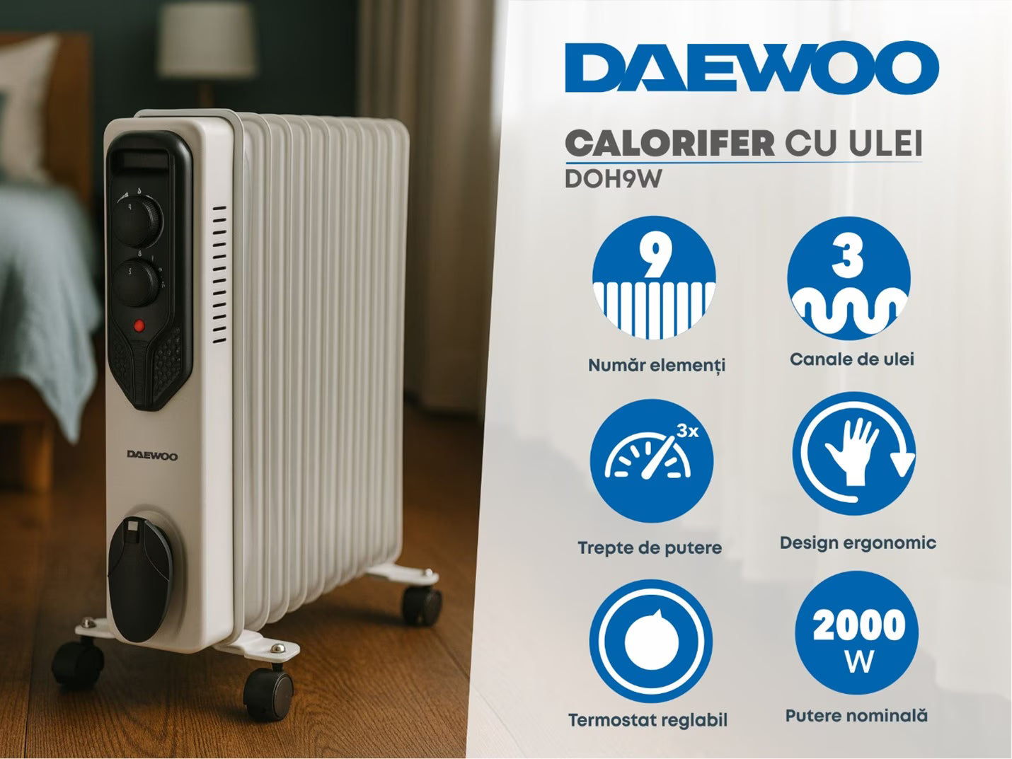 Calorifer electric DAEWOO DOH9W, 9 elementi, 3 trepte putere, 2000W, alb