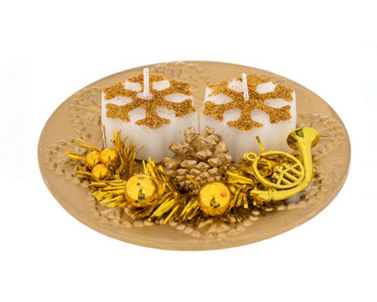 Platou Decorativ cu 2 Lumanari Aurii Fulgi 13cm