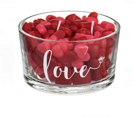 Lumanare Inimi Rosii 3D in Pahar din Sticla Transparenta "Love" Ø10.5x6cm