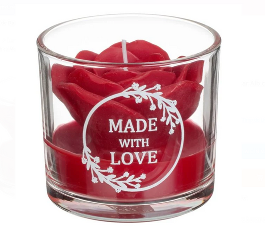 Lumanare Trandafir Rosu in Pahar Alb cu Mesaj "Made with Love" Ø8x7cm