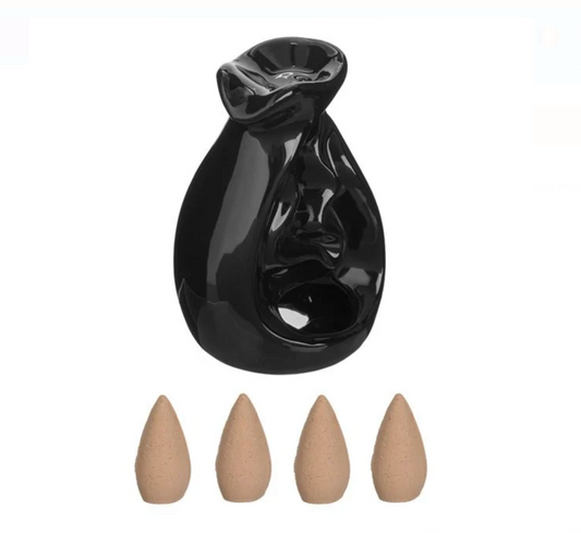 Set Suport Ceramic Negru cu 4 Conuri Parfumate Backflow cu Aroma de Vanilie