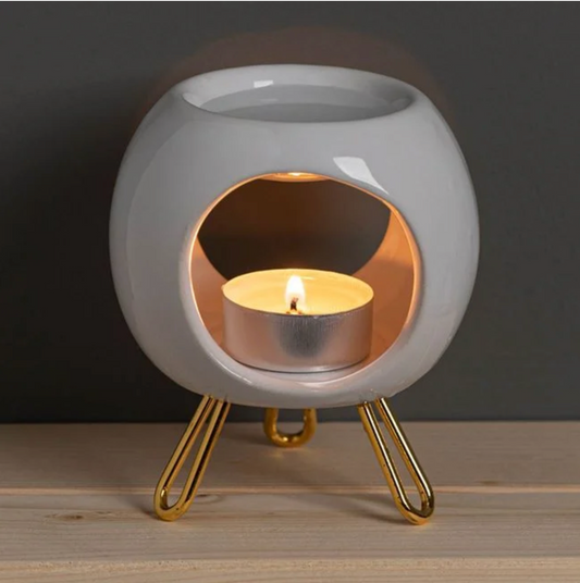 Suport pentru Ulei Parfumat Ceramic Alb cu Picioruse Aurii Ø8.5x11cm