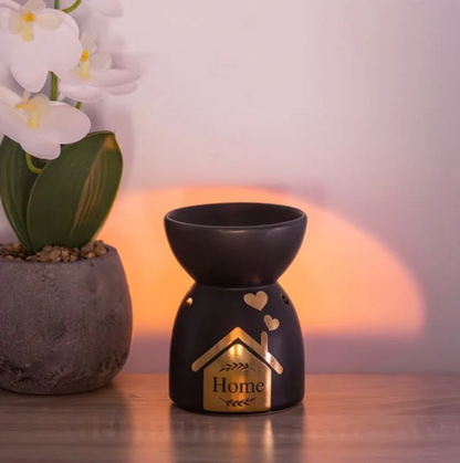 Suport Ceramic Negru Mat cu Mesaj din Folie Aurie pentru Ulei Parfumat Ø8x11cm