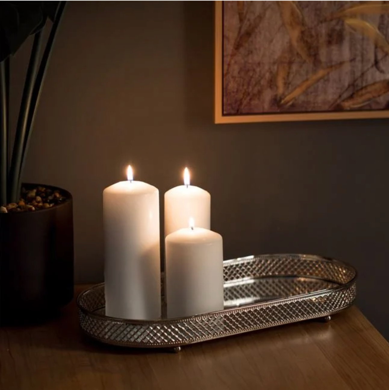 Suport Oval Tava cu Oglinda si Margine Argintie pentru Lumanari 33x16.5x3cm