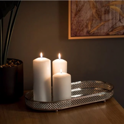 Suport Oval Tava cu Oglinda si Margine Argintie pentru Lumanari 33x16.5x3cm