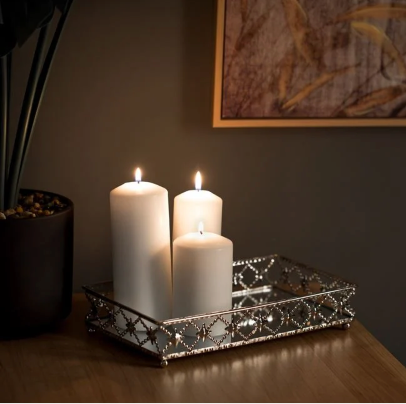 Suport Dreptunghiular Tava cu Oglinda & Margine Argintie cu Romburi pentru Lumanari 25x14.5x4cm