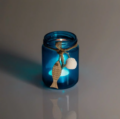 Suport din Sticla Albastru Transparent Siret cu Peste Scoici pentru Lumanare Pastila Ø6x9.5cm