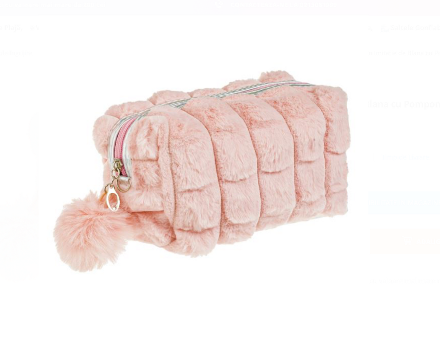Portfard Roz din Imitatie de Blana cu Pompon Roz 20x10x11cm
