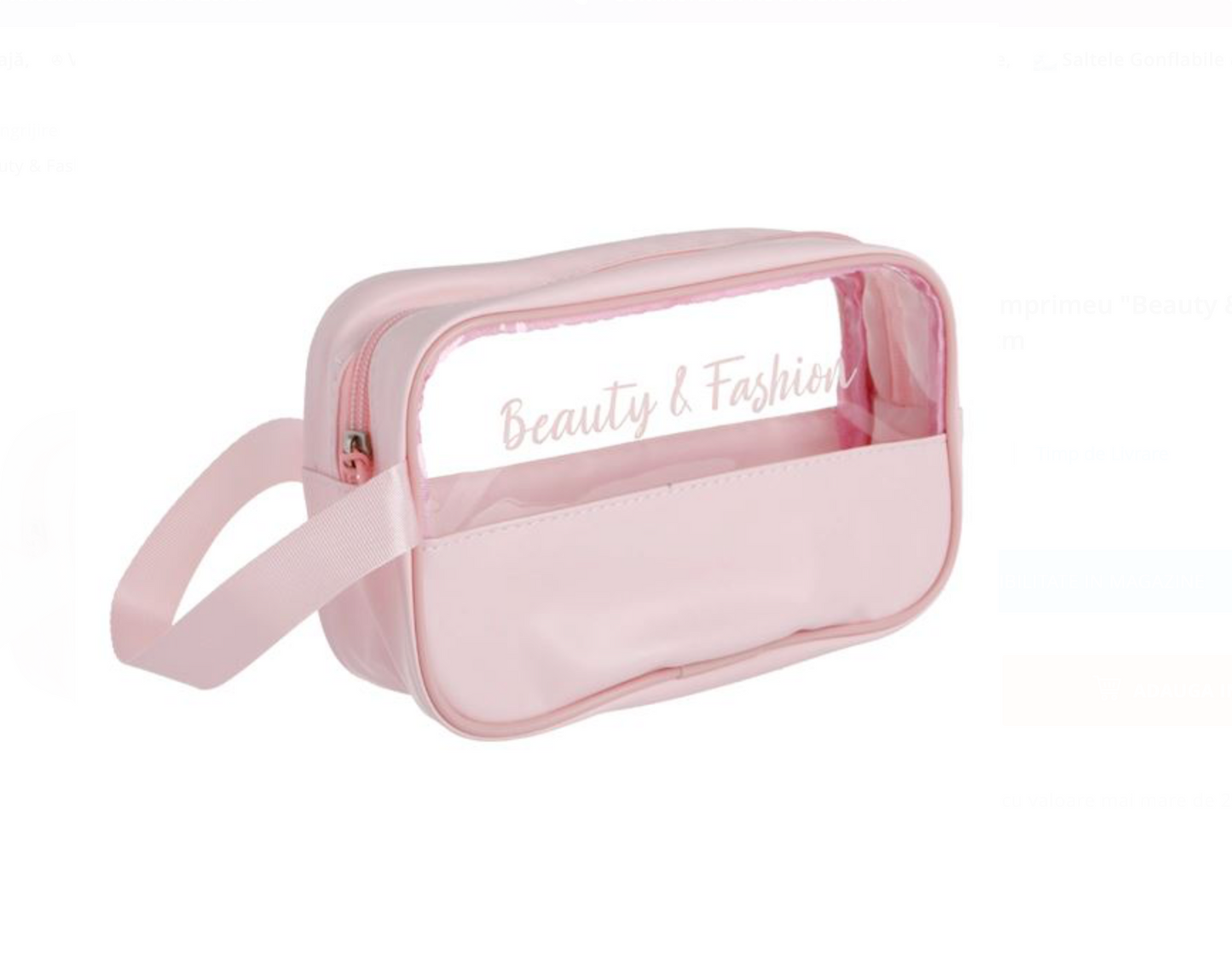 Portfard Transparent Roz cu Imprimeu "Beauty & Fashion" & Maner 22x6x11,5cm