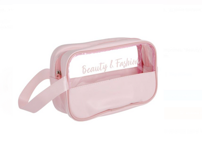 Portfard Transparent Roz cu Imprimeu "Beauty & Fashion" & Maner 22x6x11,5cm
