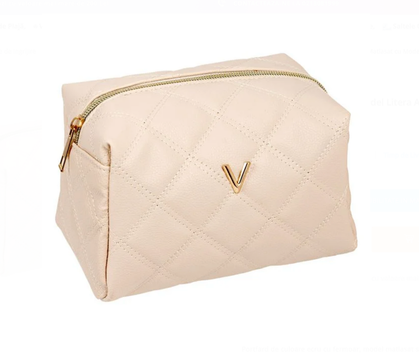 Portfard Ecru Matlasat cu Model Litera Aurie "V" 17x12x12.5cm