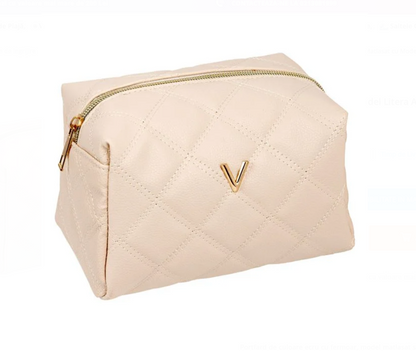 Portfard Ecru Matlasat cu Model Litera Aurie "V" 17x12x12.5cm