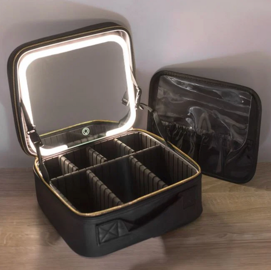 Portfard Negru Valiza de Machiaj cu Oglinda LED 26x22x12cm