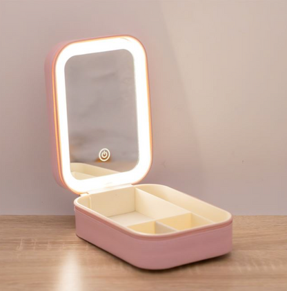 Portfard Roz cu Oglinda & Lumina LED pentru Machiaj 11.5x16.5x6cm