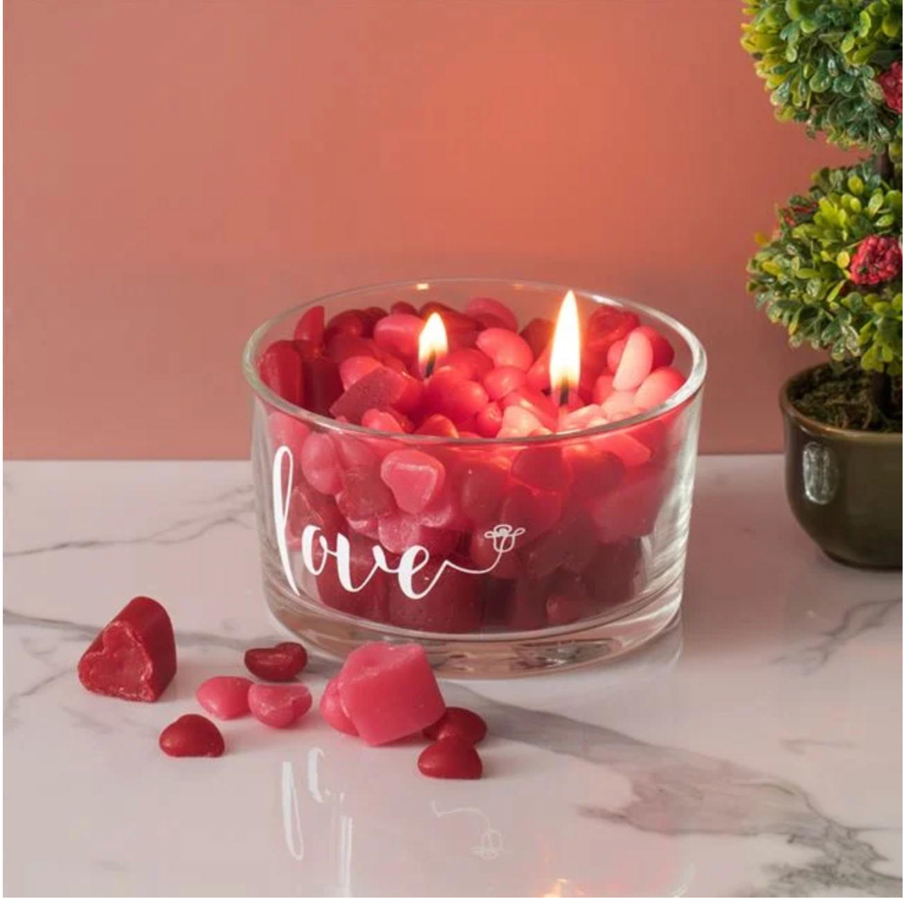 Lumanare Inimi Rosii 3D in Pahar din Sticla Transparenta "Love" Ø10.5x6cm
