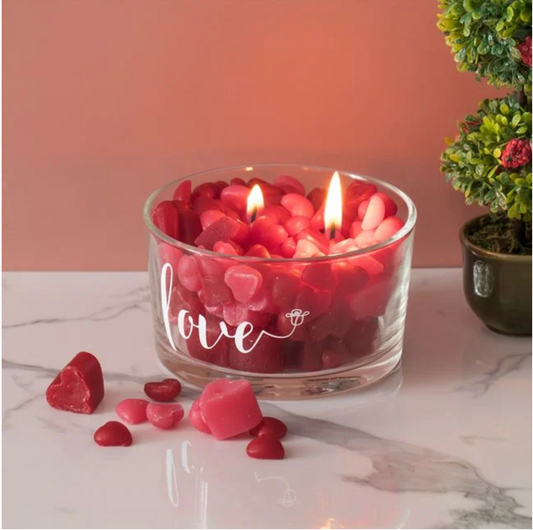 Lumanare Inimi Rosii 3D in Pahar din Sticla Transparenta "Love" Ø10.5x6cm