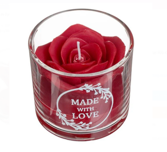 Lumanare Trandafir Rosu in Pahar Alb cu Mesaj "Made with Love" Ø8x7cm