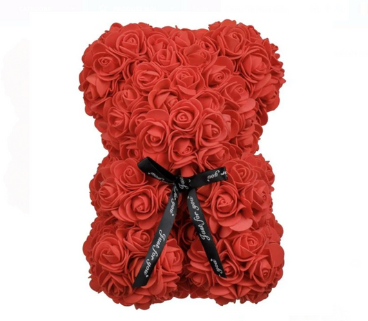 Urs Decorativ din Trandafiri Mici Rosii 23cm