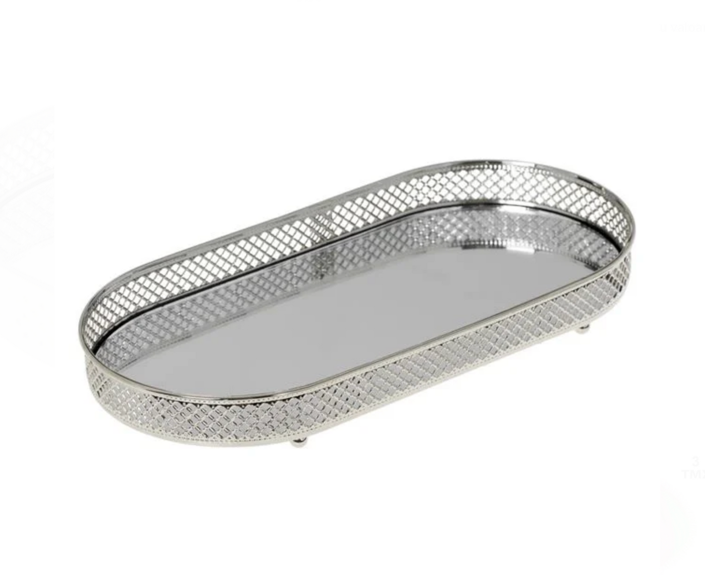 Suport Oval Tava cu Oglinda si Margine Argintie pentru Lumanari 33x16.5x3cm