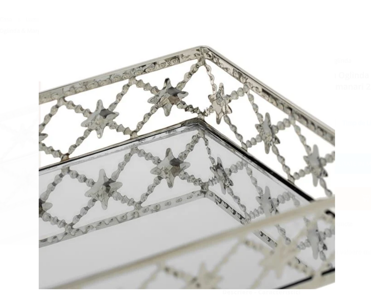 Suport Dreptunghiular Tava cu Oglinda & Margine Argintie cu Romburi pentru Lumanari 25x14.5x4cm