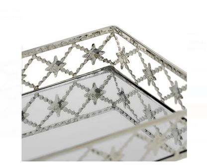 Suport Dreptunghiular Tava cu Oglinda & Margine Argintie cu Romburi pentru Lumanari 25x14.5x4cm