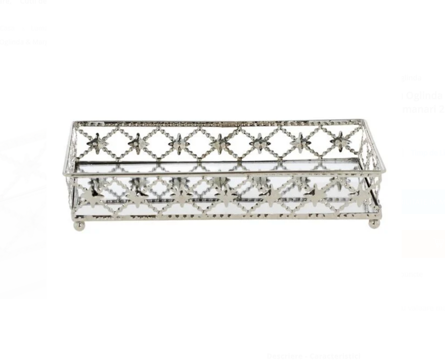 Suport Dreptunghiular Tava cu Oglinda & Margine Argintie cu Romburi pentru Lumanari 25x14.5x4cm