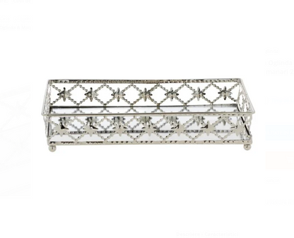 Suport Dreptunghiular Tava cu Oglinda & Margine Argintie cu Romburi pentru Lumanari 25x14.5x4cm