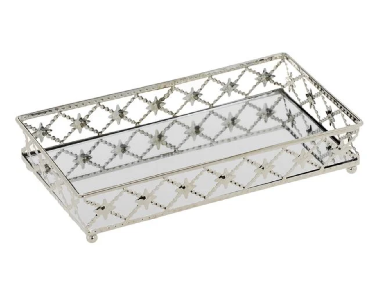 Suport Dreptunghiular Tava cu Oglinda & Margine Argintie cu Romburi pentru Lumanari 25x14.5x4cm