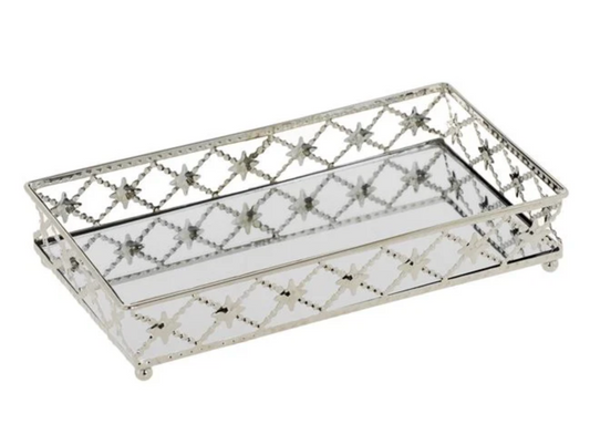 Suport Dreptunghiular Tava cu Oglinda & Margine Argintie cu Romburi pentru Lumanari 25x14.5x4cm