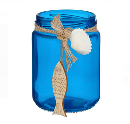 Suport din Sticla Albastru Transparent Siret cu Peste Scoici pentru Lumanare Pastila Ø6x9.5cm