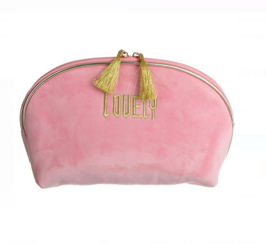 Portfard Roz Catifelat cu Model Brodat Auriu 24x4x15cm