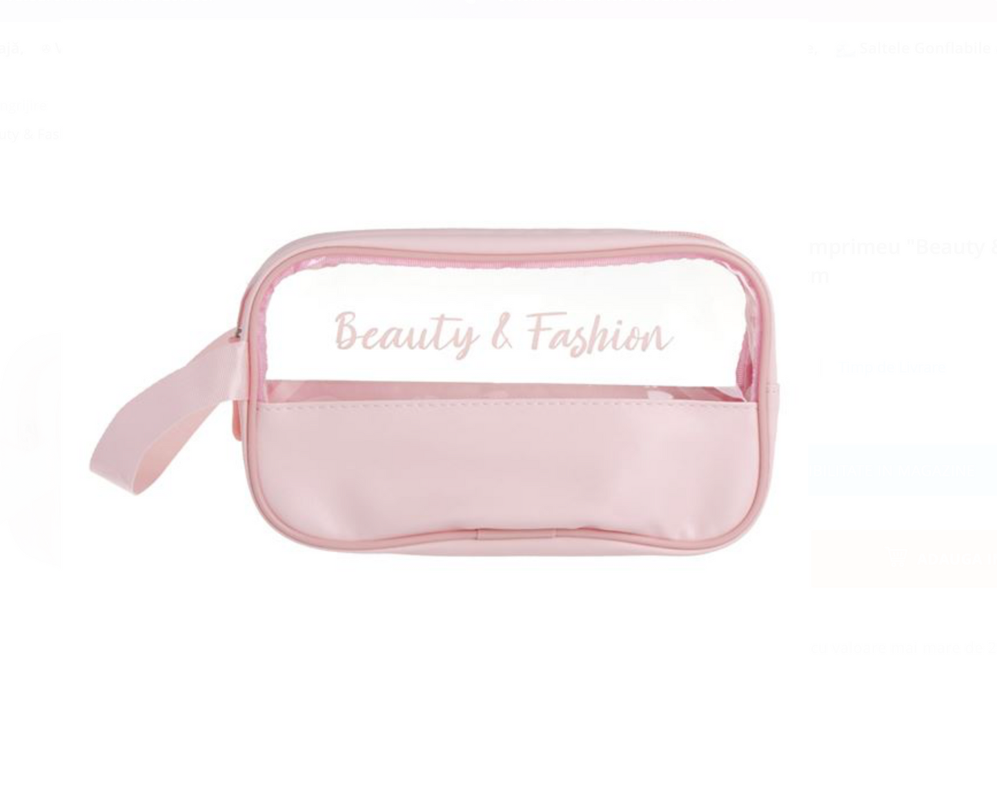 Portfard Transparent Roz cu Imprimeu "Beauty & Fashion" & Maner 22x6x11,5cm