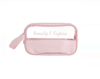 Portfard Transparent Roz cu Imprimeu "Beauty & Fashion" & Maner 22x6x11,5cm