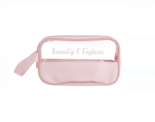 Portfard Transparent Roz cu Imprimeu "Beauty & Fashion" & Maner 22x6x11,5cm