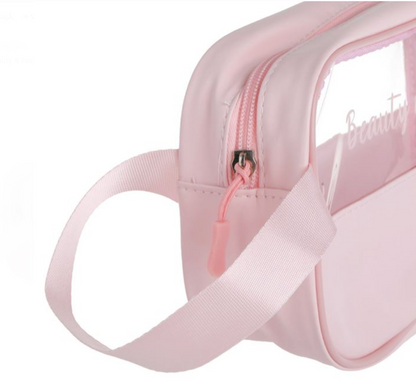 Portfard Transparent Roz cu Imprimeu "Beauty & Fashion" & Maner 22x6x11,5cm