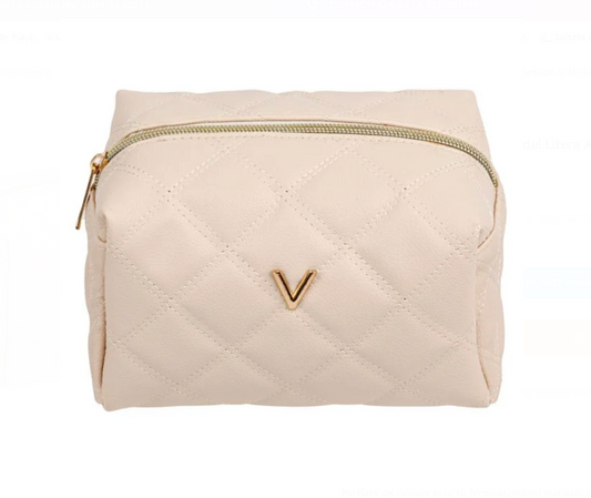 Portfard Ecru Matlasat cu Model Litera Aurie "V" 17x12x12.5cm