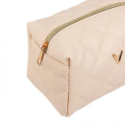 Portfard Ecru Matlasat cu Model Litera Aurie "V" 17x12x12.5cm