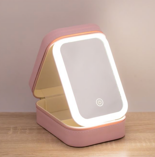 Portfard Roz cu Oglinda & Lumina LED pentru Machiaj 11.5x16.5x6cm