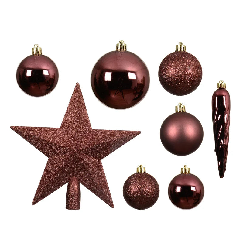 Globuri de Craciun, pentru brad, cu varf de brad, polistiren, Ø 8 cm, modele mixte, maro (set 33 buc)