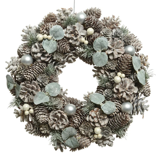 Coronita de Craciun, cu conuri pin ninse si globuri, Ø 34 cm, verde/alb perlat