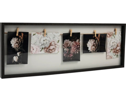 Ramă foto multiplă neagră, colaj 5 poze + cârlige, 70x25 cm
