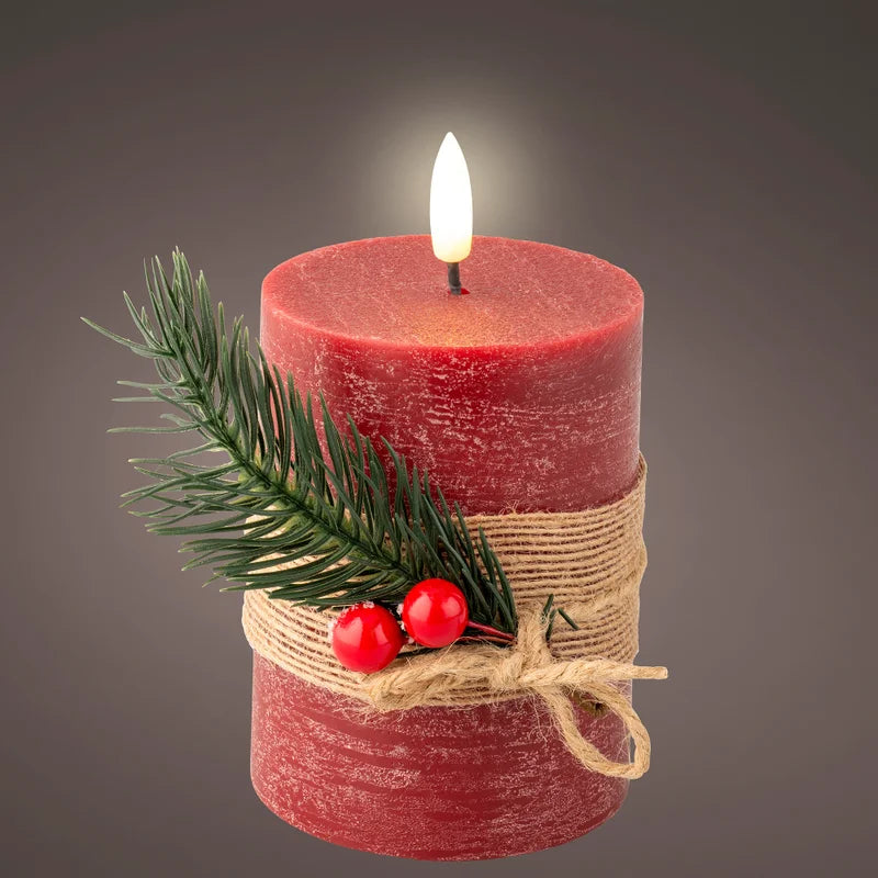 Decoratiune Craciun, lumanare din ceara cu LED, model frunze, H 13 cm, rosu