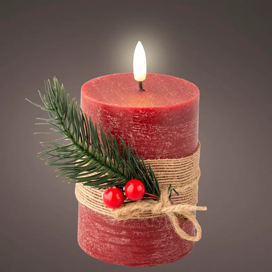 Decoratiune Craciun, lumanare din ceara cu LED, model frunze, H 13 cm, rosu