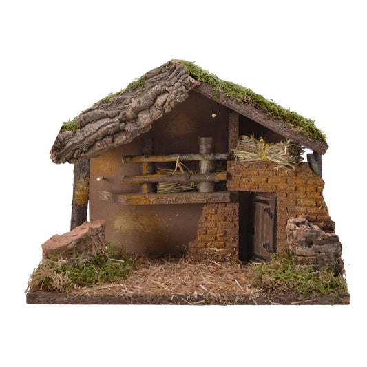 Decoratiune Craciun, model casa lemn, 10 LED-uri, inaltime 21 cm, alimentare baterii, lumina alb cald