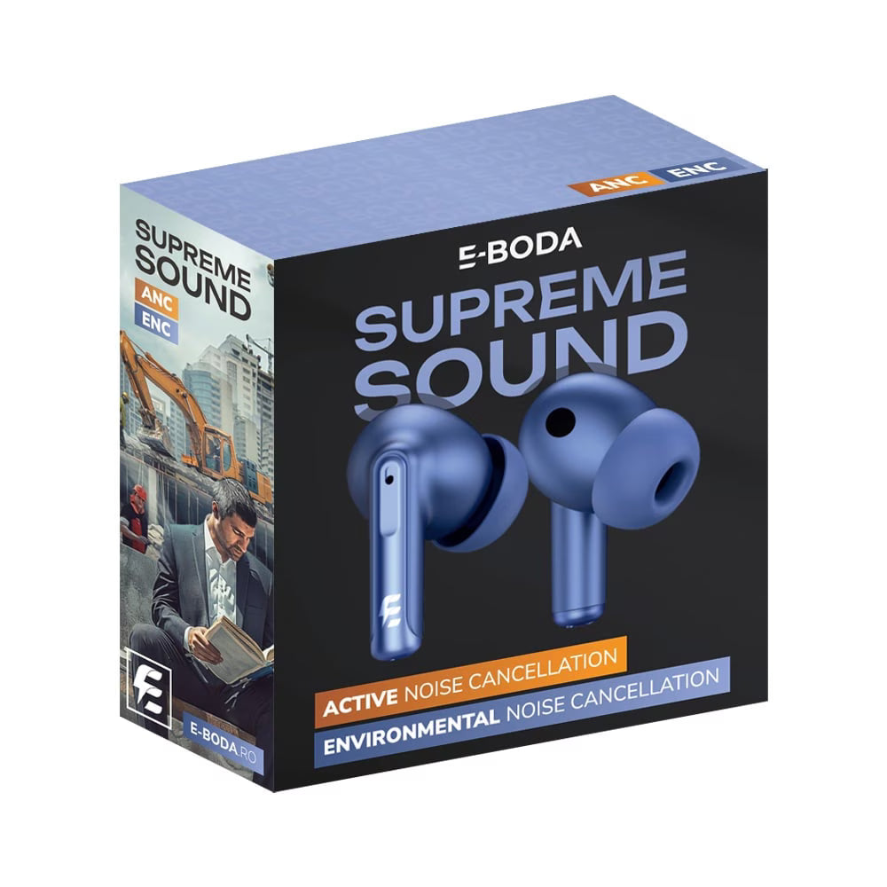 Casti E-BODA Supreme Sound, True Wireless Bluetooth, In-ear, Microfon, Noise Cancelling, negru